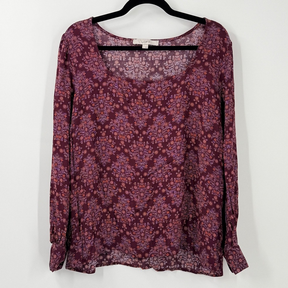 LOFT Medallion Print Top Womens sz L Burgundy square neck whimsigoth office boho